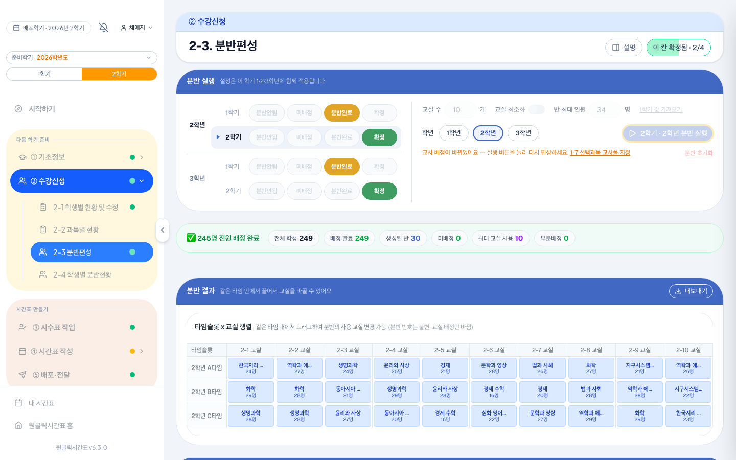 [분반 실행]을 누르면 그 학년의 신청 결과를 바탕으로 반이 자동으로 만들어져요. 위쪽 상태 표시가 학년·학기마다 지금 상태를 보여 주고, 전원 배정 여부와 반 수가 한 줄로 요약돼요.
