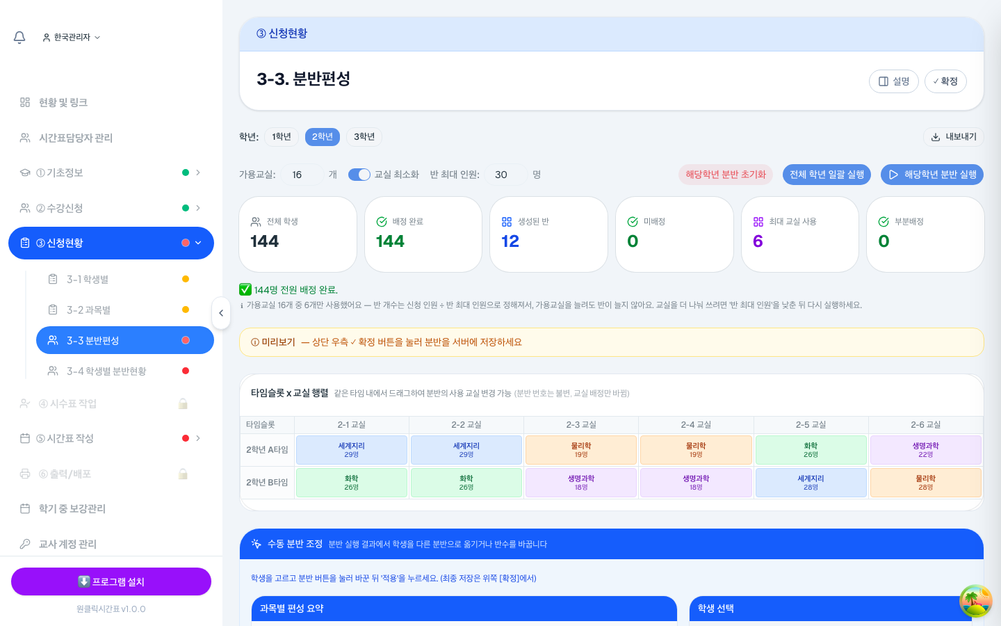 [전체 학년 일괄 실행]을 누르면 신청 결과를 바탕으로 반이 자동으로 만들어져요. 전원 배정 여부와 반 수가 위에 요약돼요.